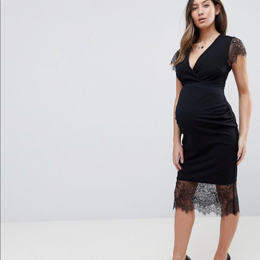 MATERNITY Pencil Dress w/ V Neck Lace Sleeves